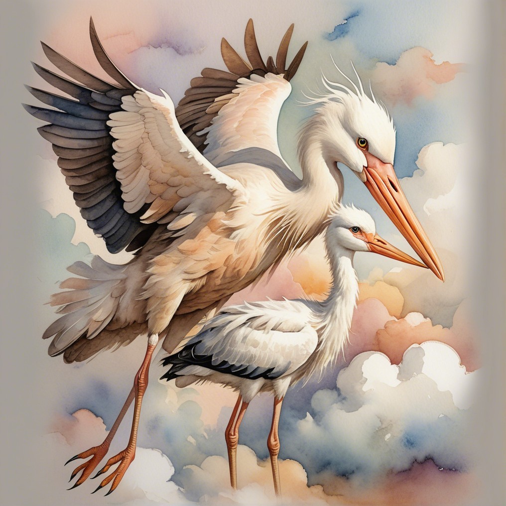Elegant storks in flight and perched on a cloud