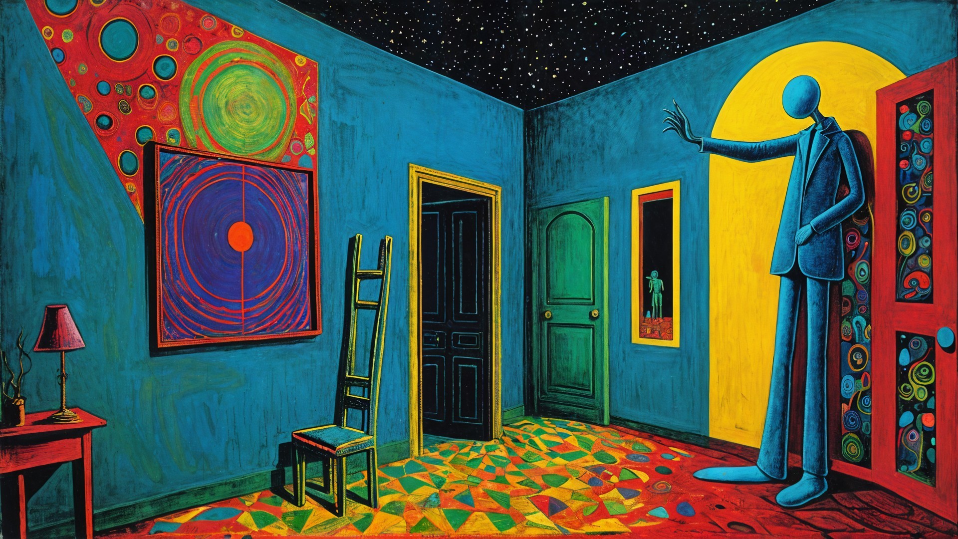 Surreal Room with Starry Sky and Geometric Patterns