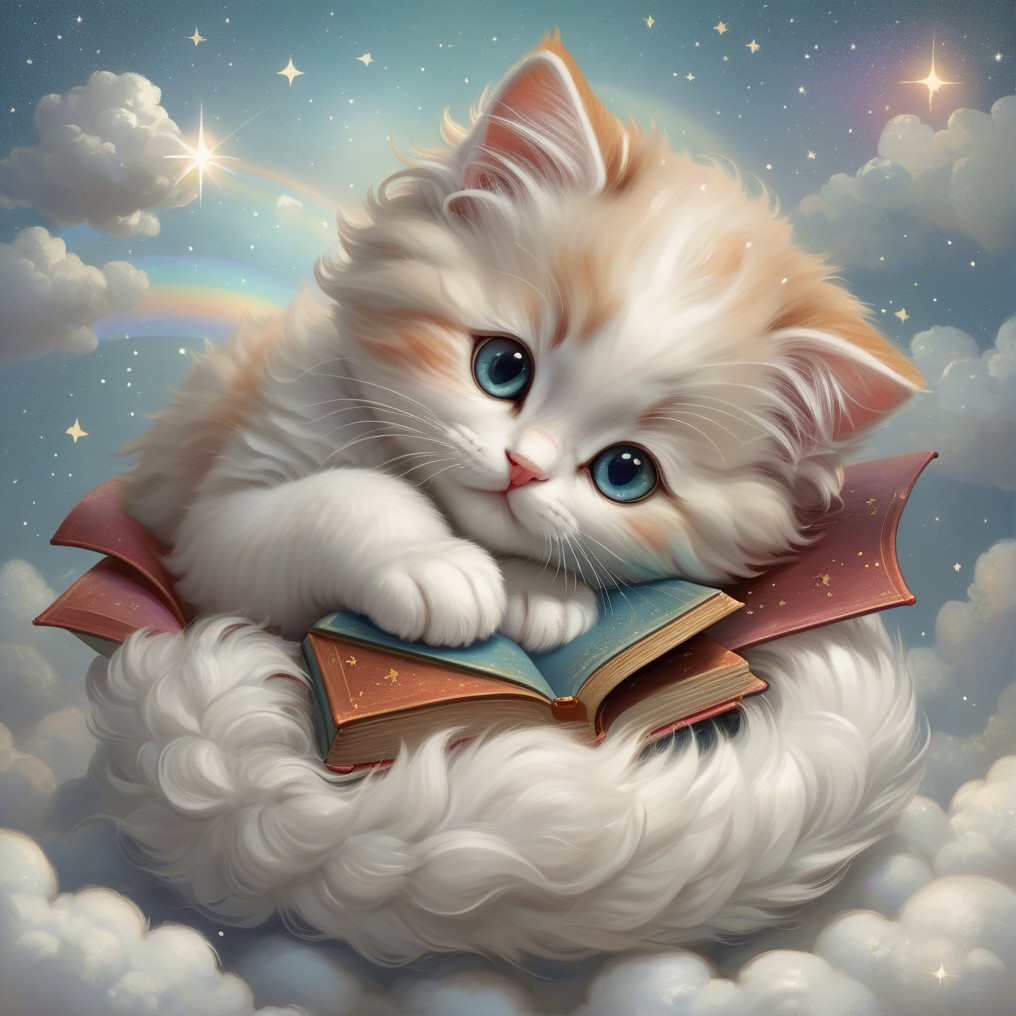 Fluffy Orange and White Kitten on Cloud with Book