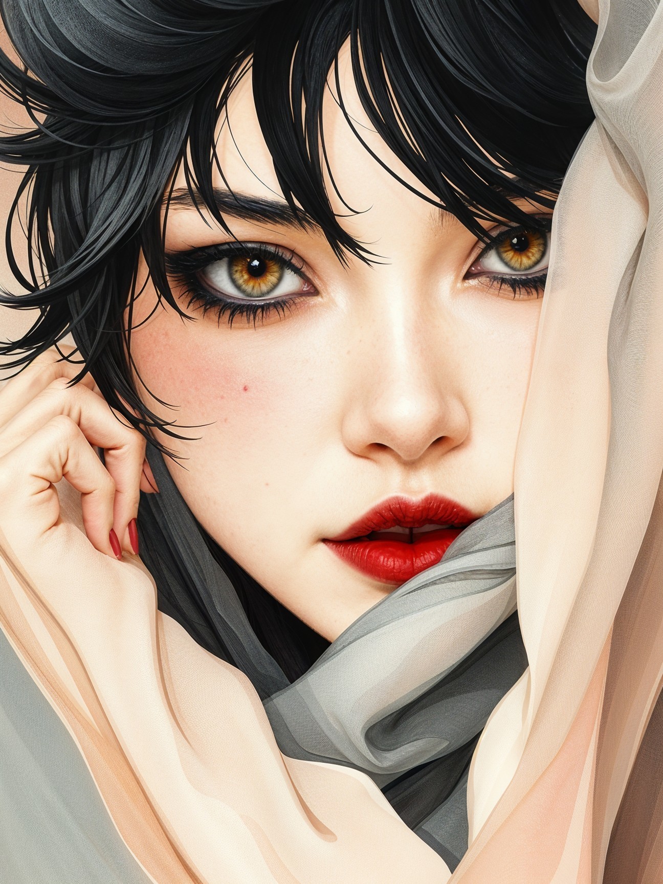 Portrait of a Young Woman with Bold Features and Veil