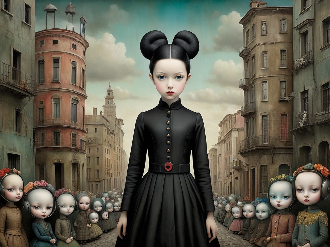 Surreal Landscape with Central Figure and Doll-Like Companions
