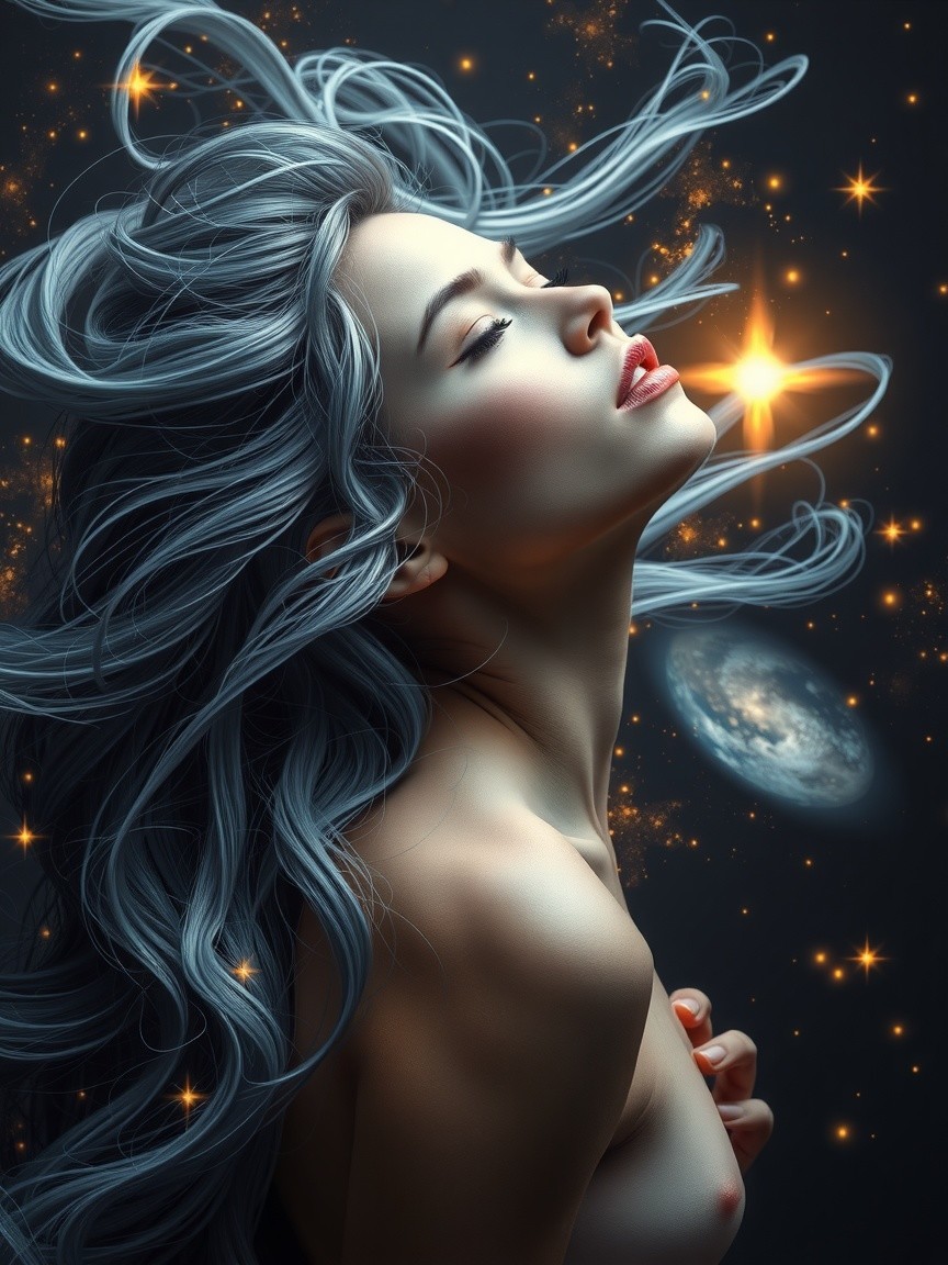 Woman with Silver Hair in Cosmic Setting
