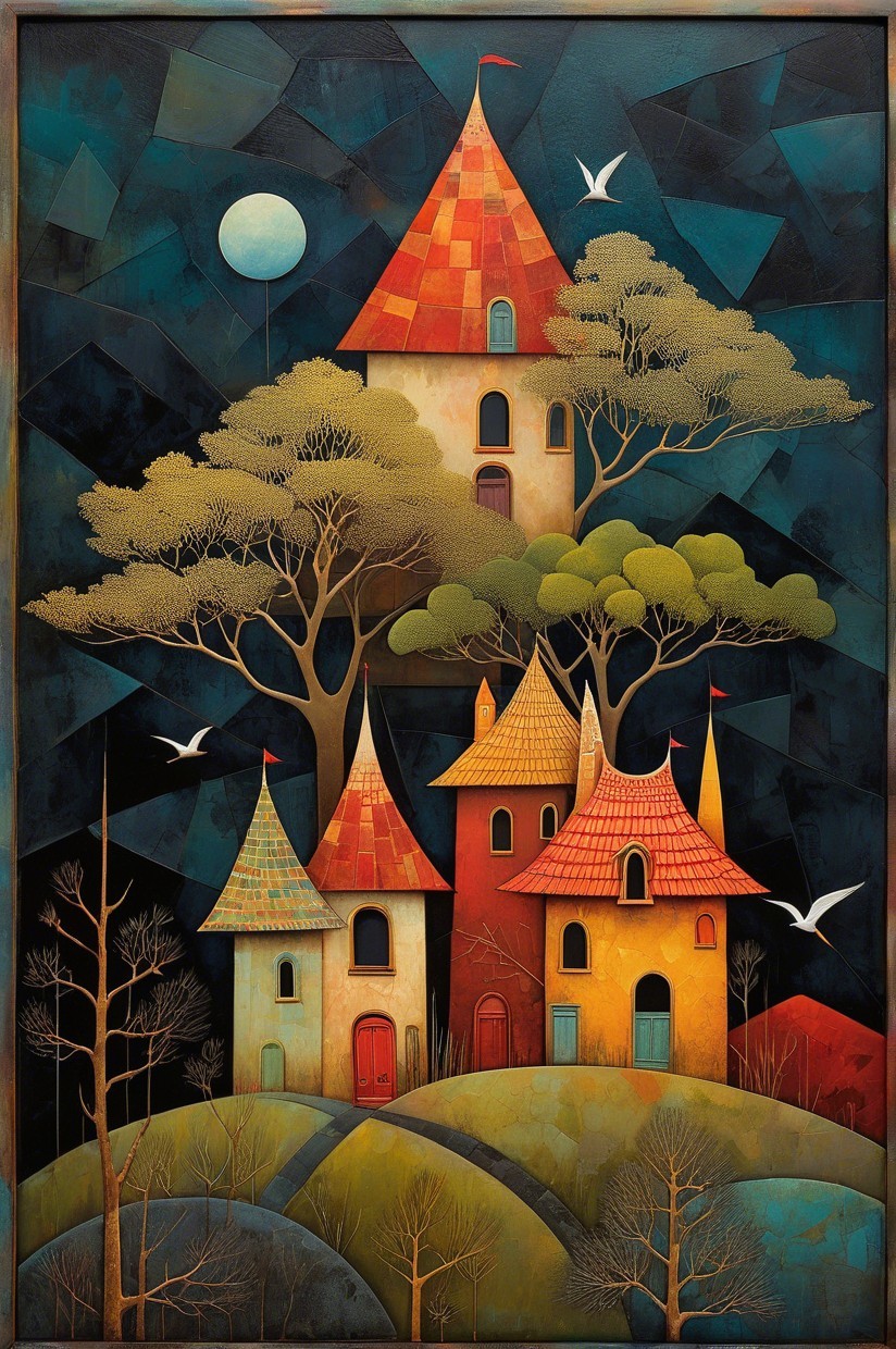 Whimsical Landscape with Colorful Houses and Night Sky