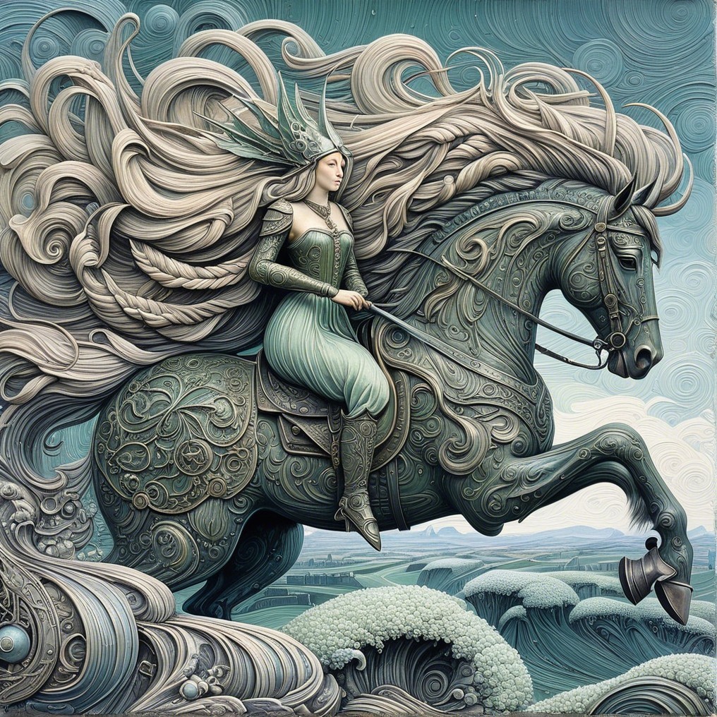 Majestic Female Figure Riding Ornate Horse in Landscape