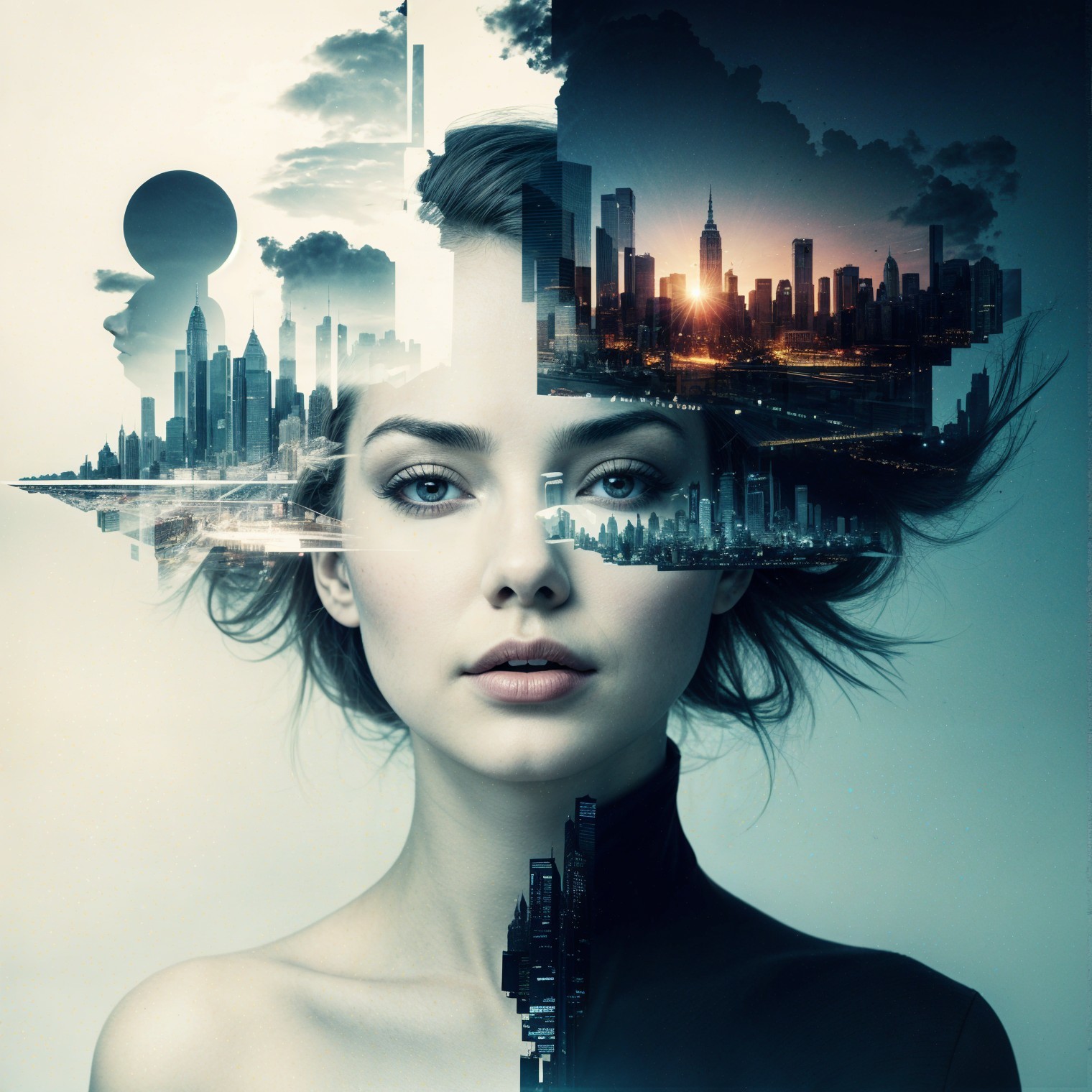 Surreal Portrait Merging Woman's Face with Cityscape