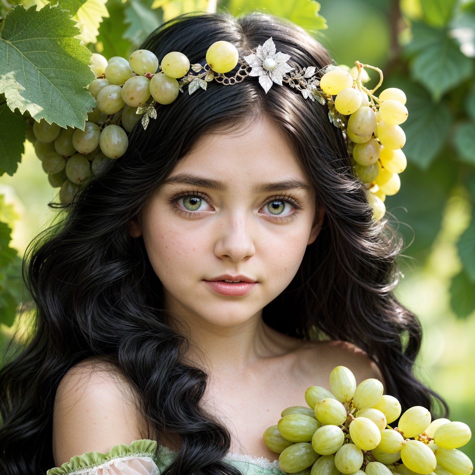 Young girl with grape crown in lush greenery