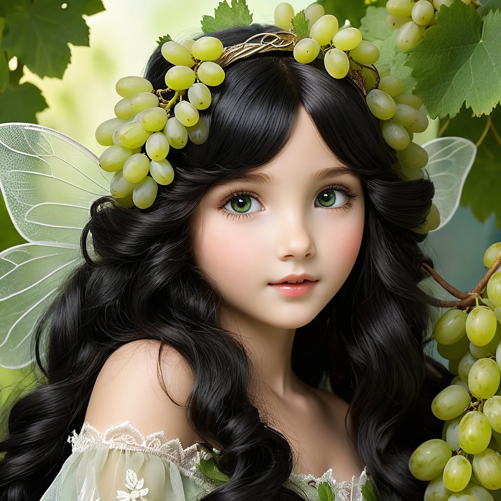 Young girl with grape crown and fairy wings in nature