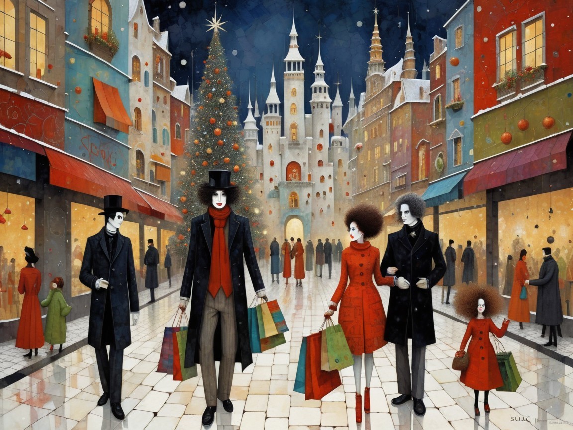 Gothic Family in Christmas Town Under Night Sky