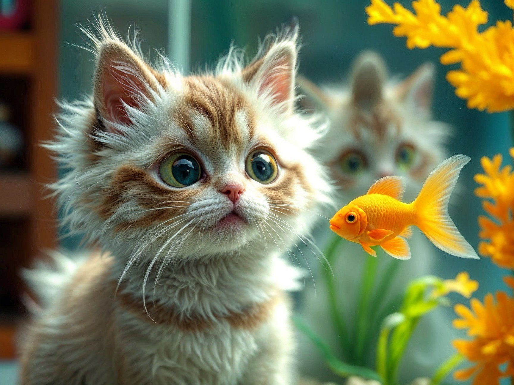 Fluffy Kitten Observes Bright Orange Goldfish