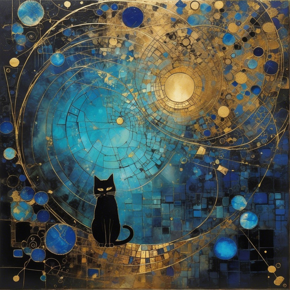 Black Cat in Cosmic Blue and Gold Artwork