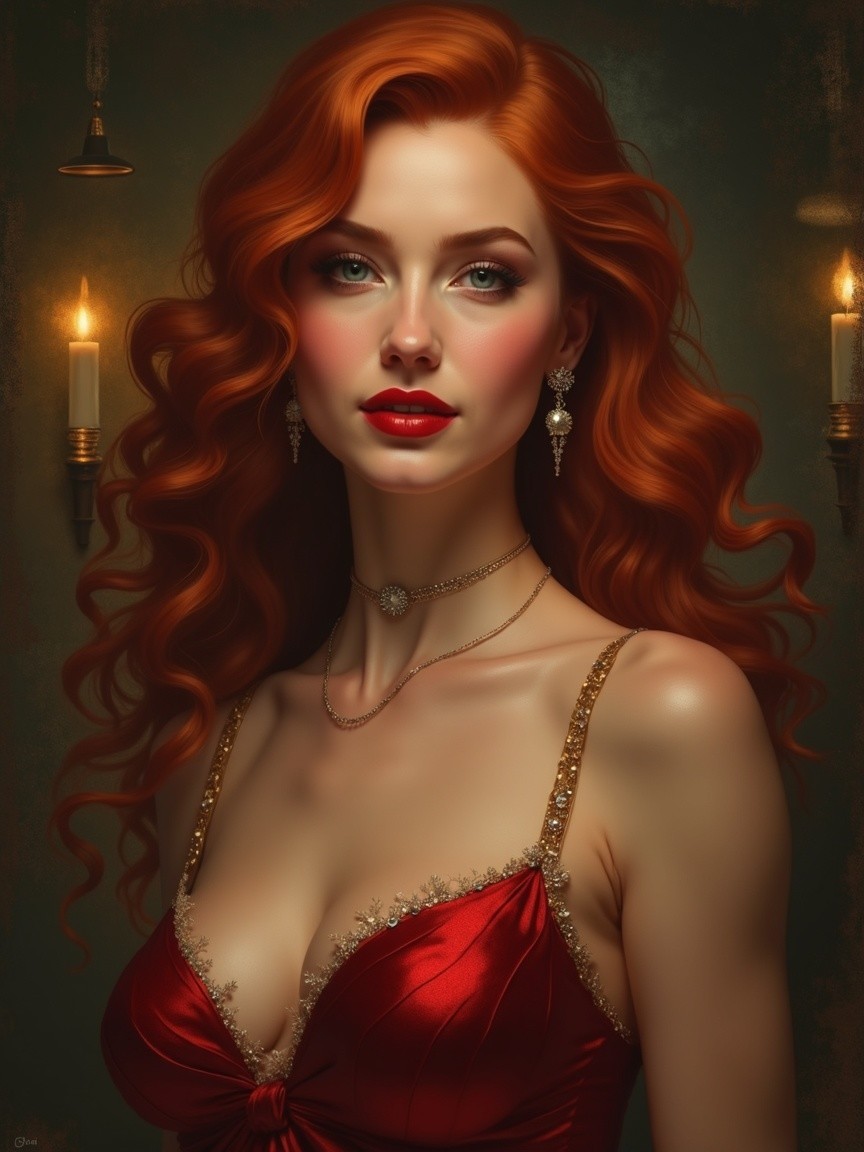 Striking Woman in Elegant Red Dress with Green Eyes