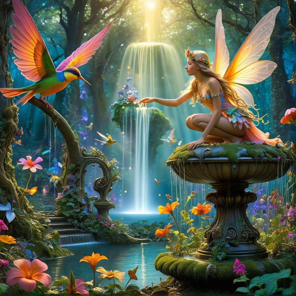 Fairy in Enchanted Forest by Moss-Covered Fountain