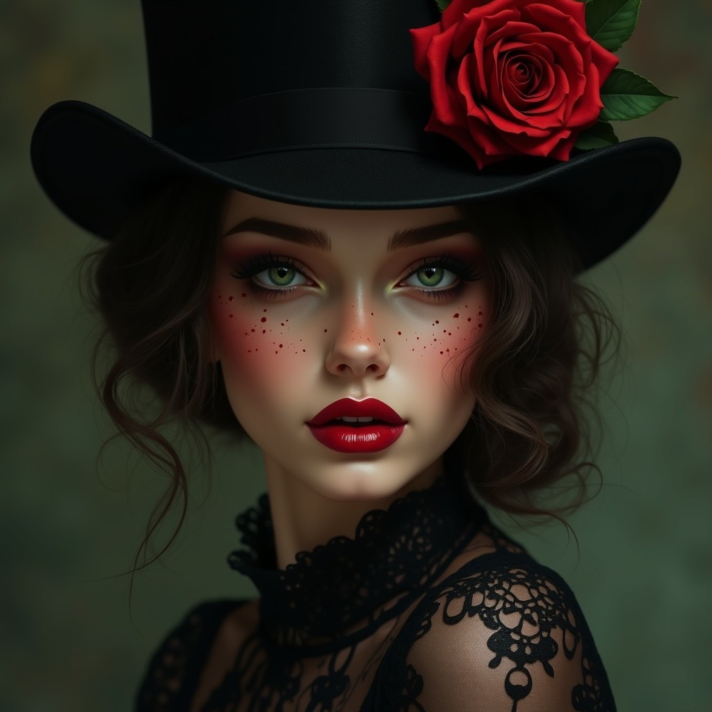 Young Woman with Green Eyes and Black Lace Outfit