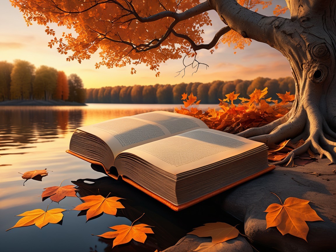 Open Book by Serene Lake Surrounded by Autumn Foliage