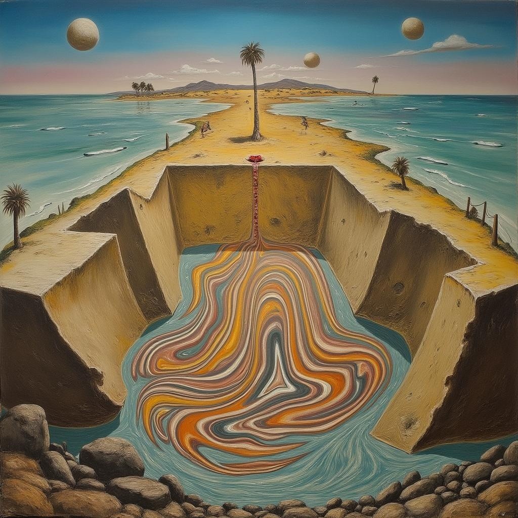 Surreal Landscape with Beach and Distant Planets