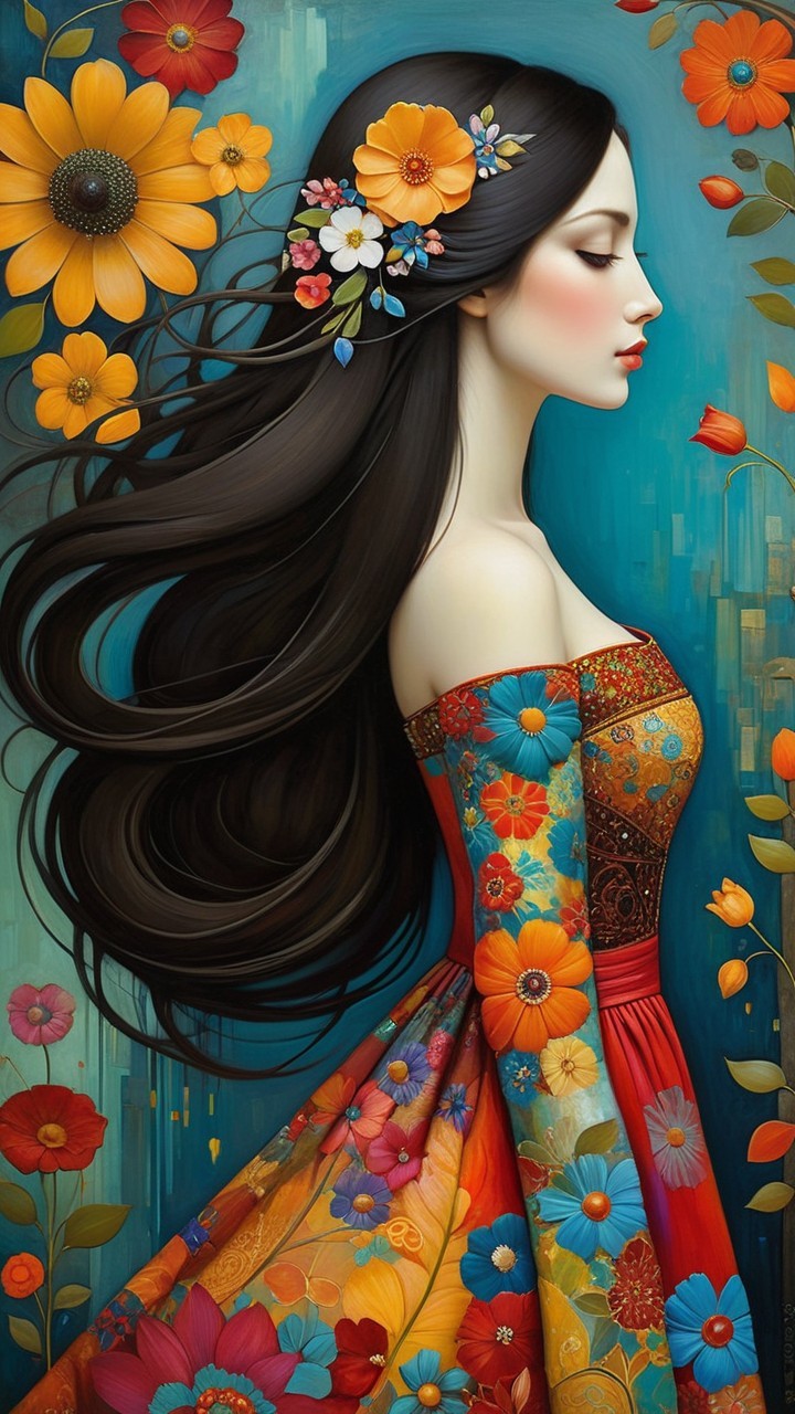 Profile of a Woman in Vibrant Floral Dress