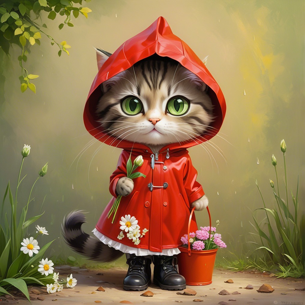 Cartoon Cat in Raincoat Surrounded by Colorful Flowers