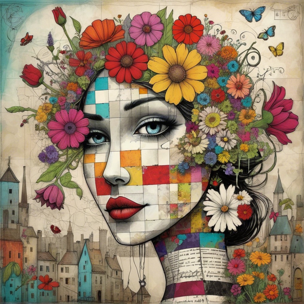 Vibrant Woman with Mosaic Face and Floral Elements
