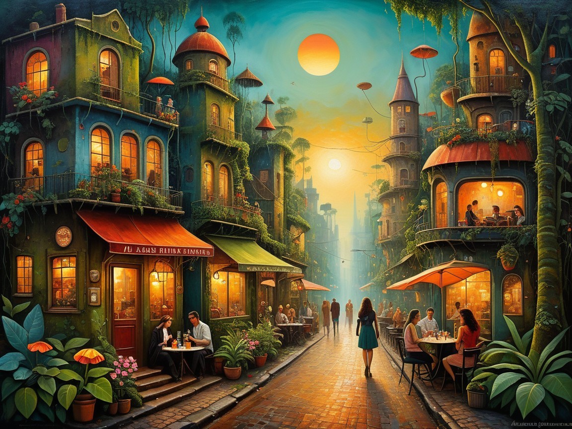 Vibrant Street Scene with Whimsical Buildings and Dining