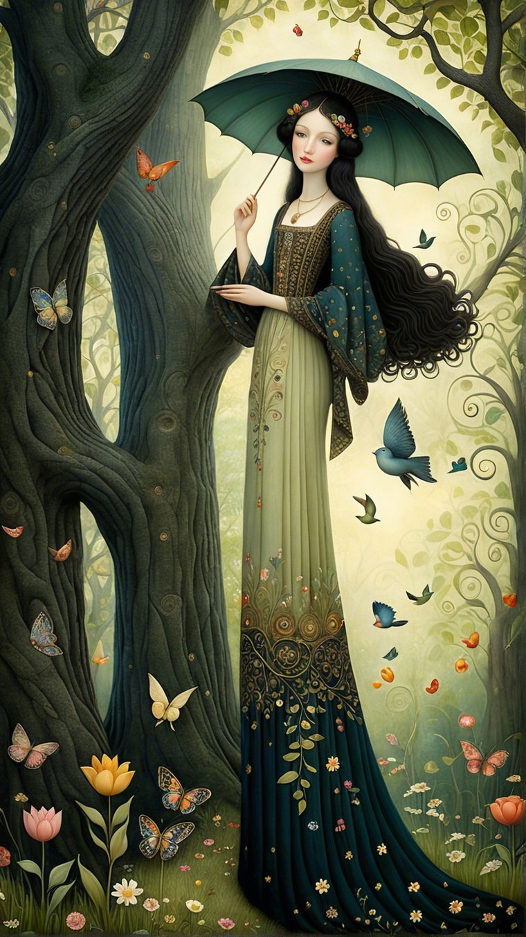 Woman with green umbrella in a whimsical forest scene