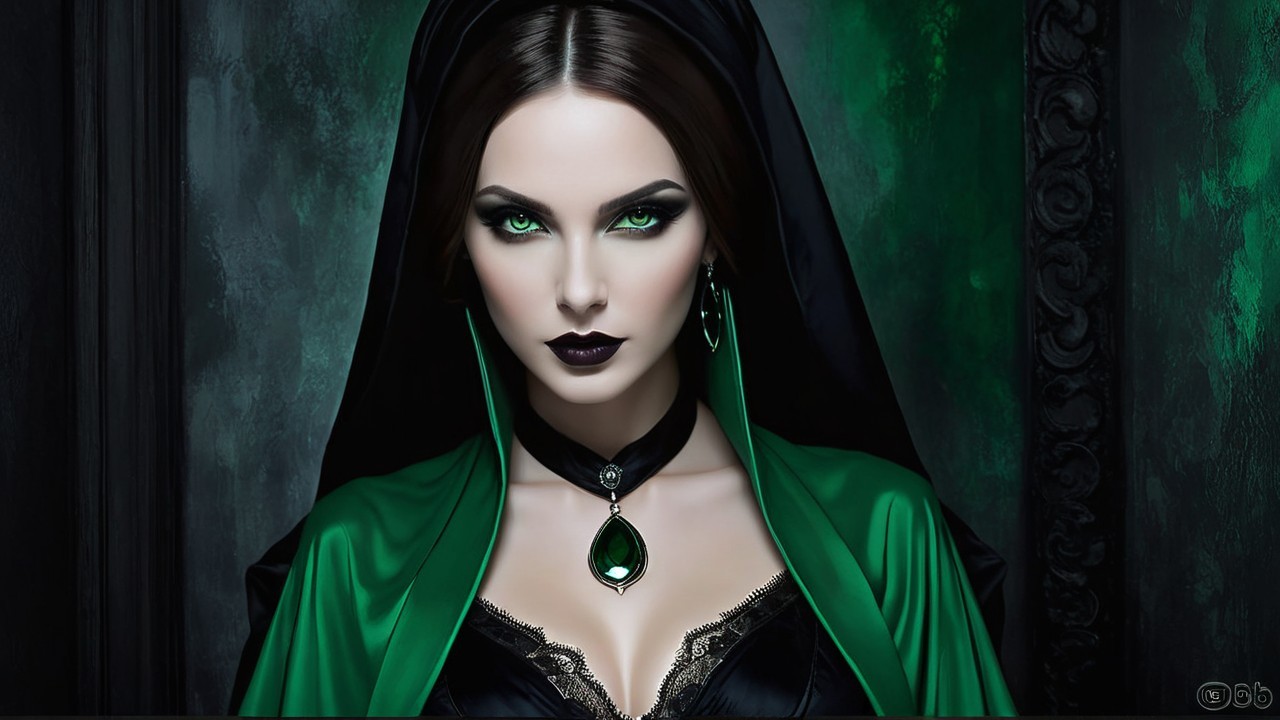 Mysterious Woman in Gothic Elegance with Emerald Pendant