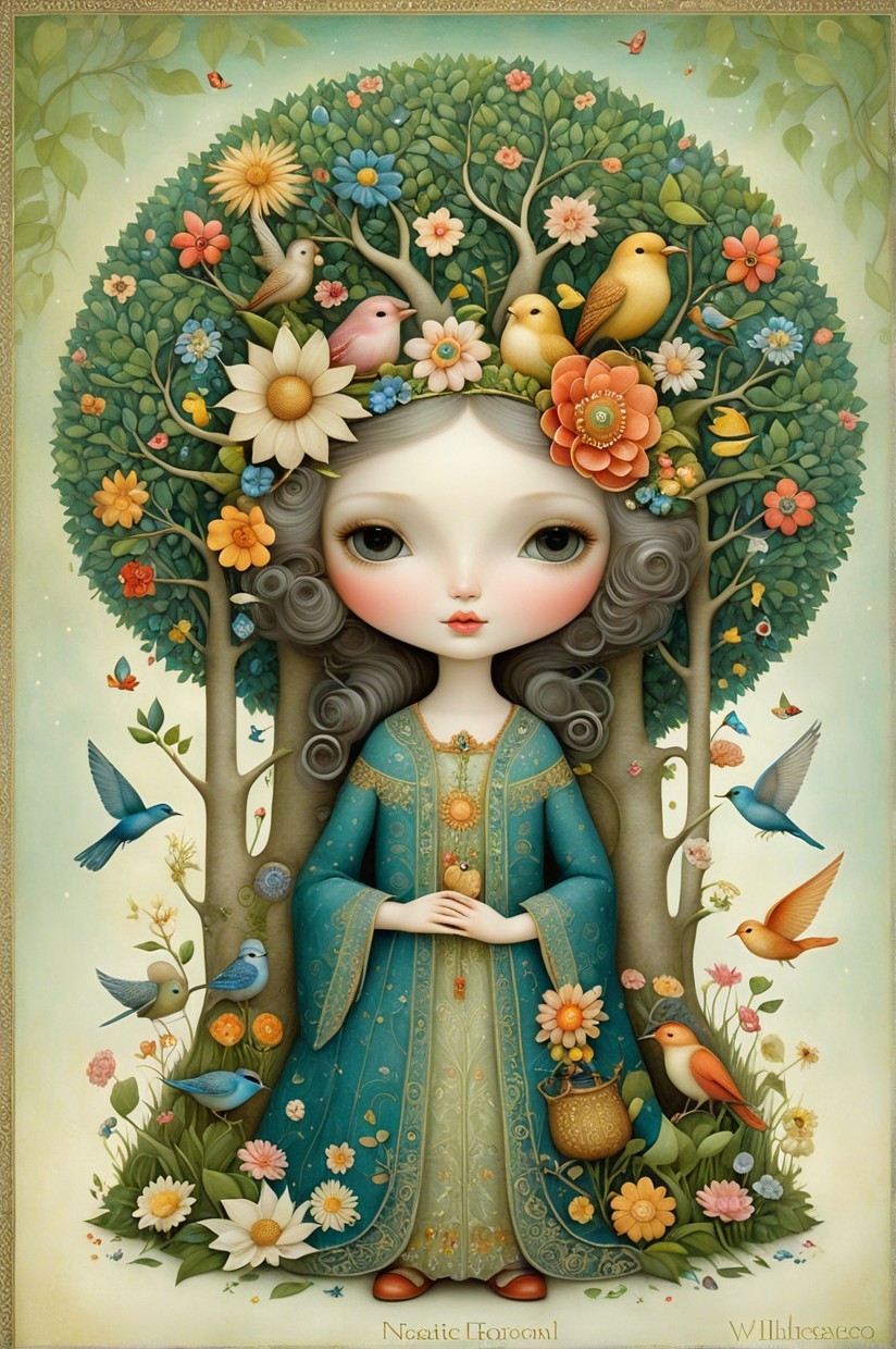 Whimsical Illustration of a Girl in Nature's Embrace