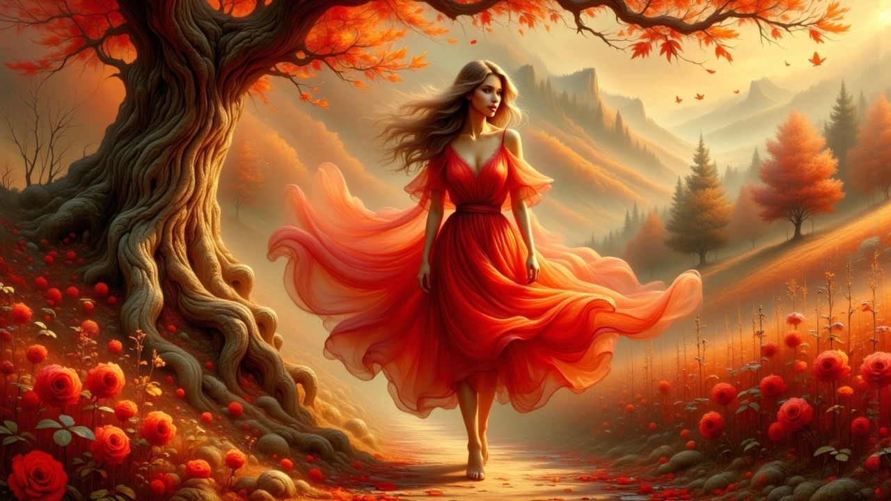 Autumn Landscape with Woman in Red Dress and Roses