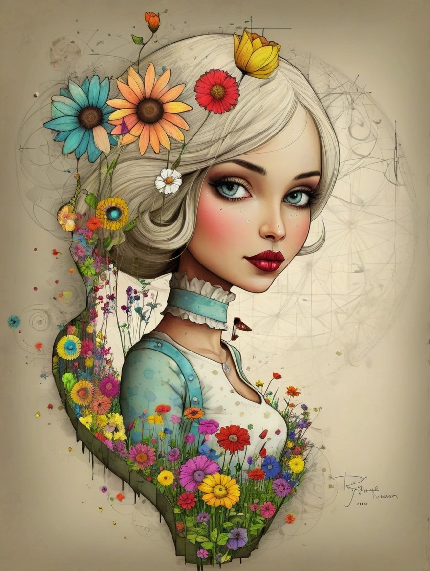 Whimsical Portrait of Young Woman with Floral Elements
