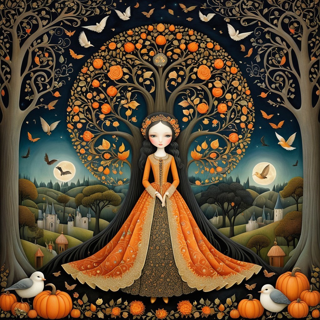 Whimsical Scene with Elegant Figure in Orange Gown