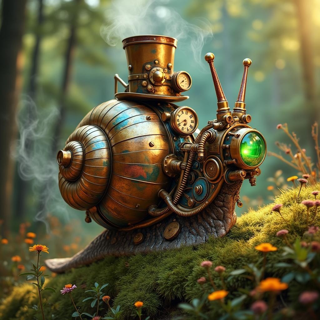 Steampunk Snail on Moss with Gears and Flowers