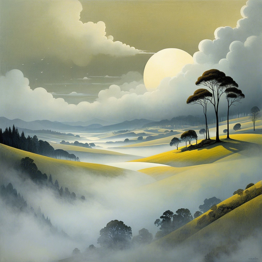 Serene Dawn Landscape with Rolling Hills and Mist