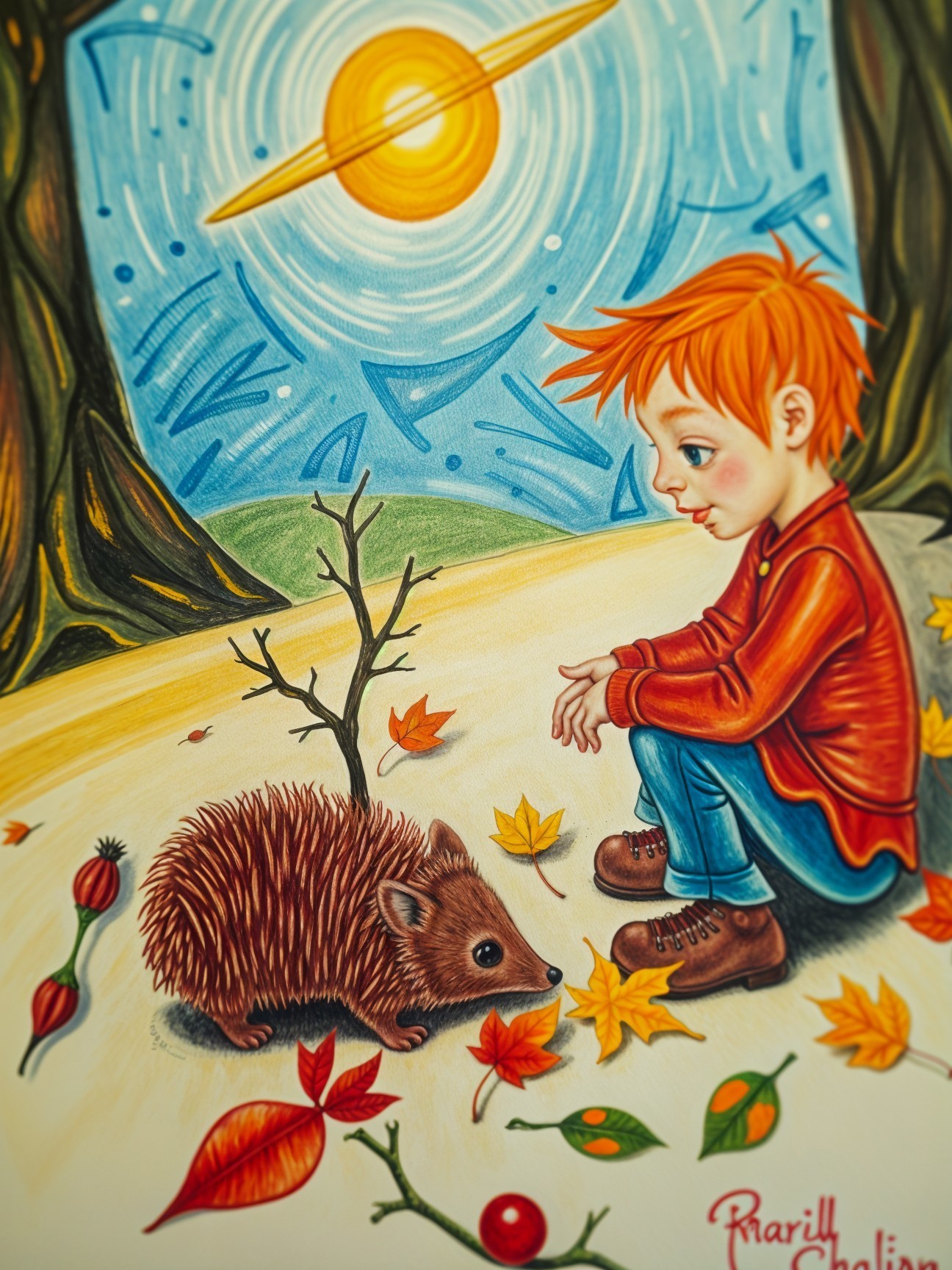 Young boy with red hair observes hedgehog in autumn