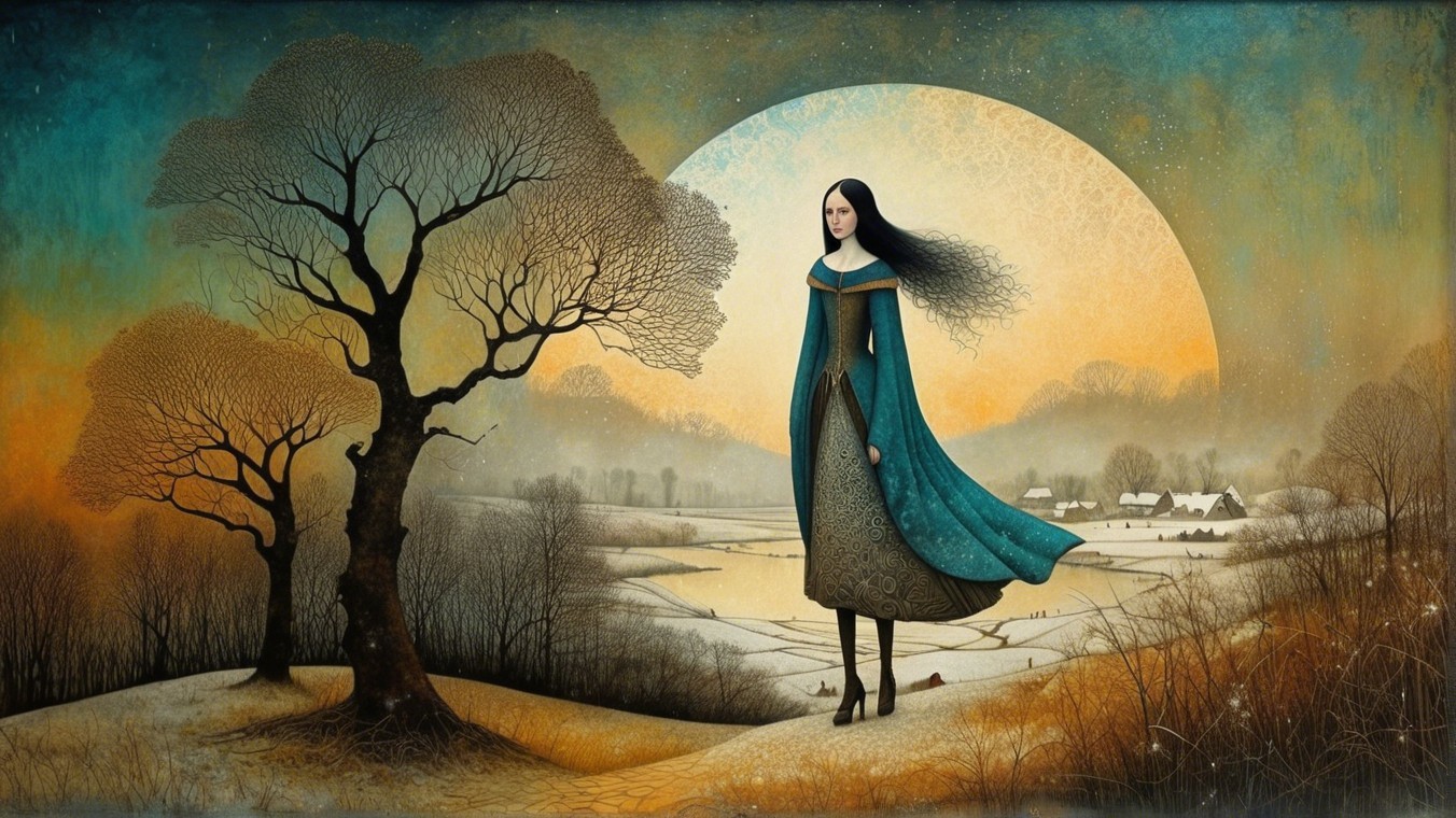 Serene landscape with woman in turquoise cloak and moon