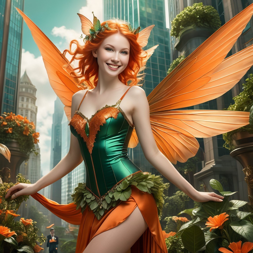 Fairy with Orange Wings in Lush Garden and Cityscape