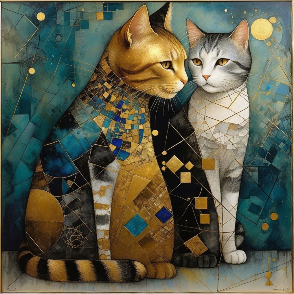Stylized Cats with Geometric Patterns and Vibrant Colors