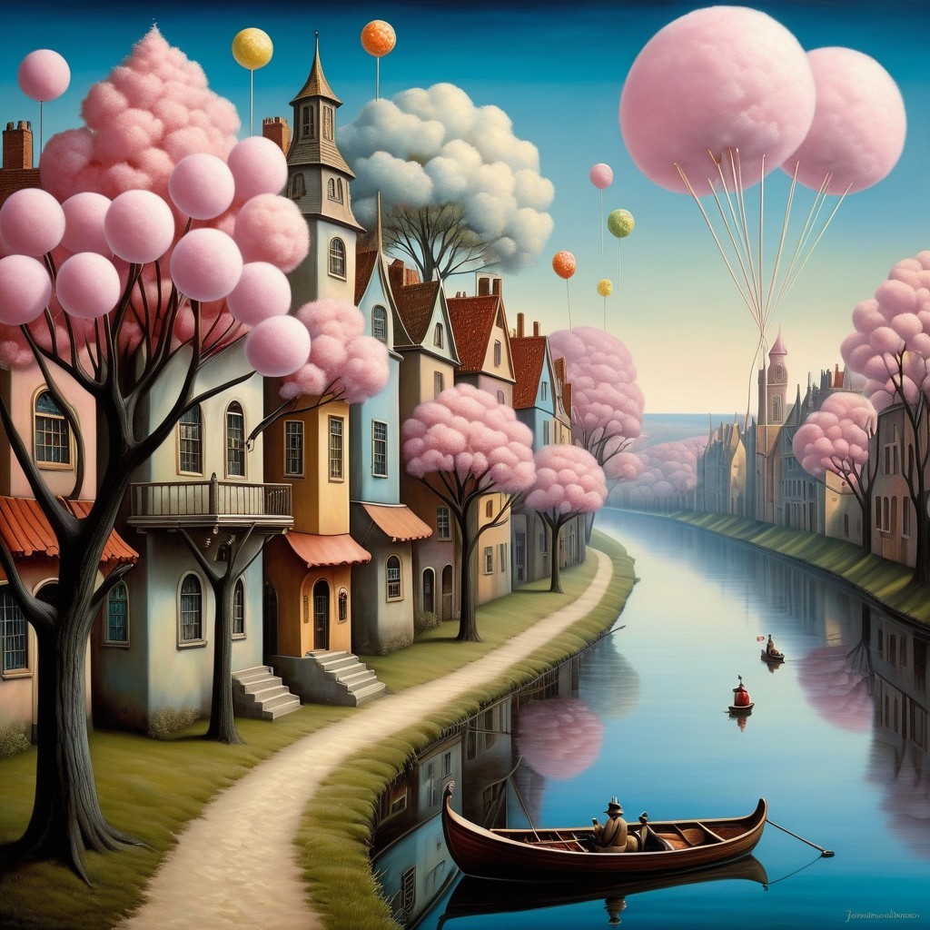 Whimsical Canal Scene with Cherry Blossoms and Balloons