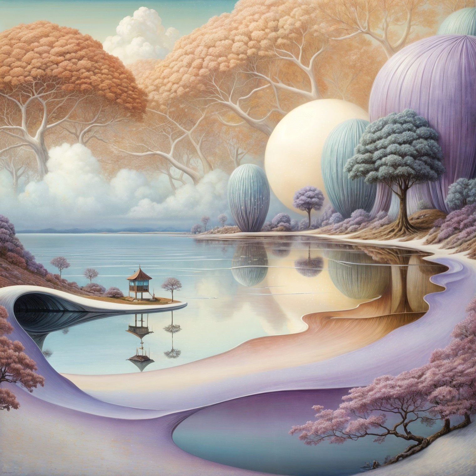 Pastel Landscape with Gazebo and Tranquil Lake