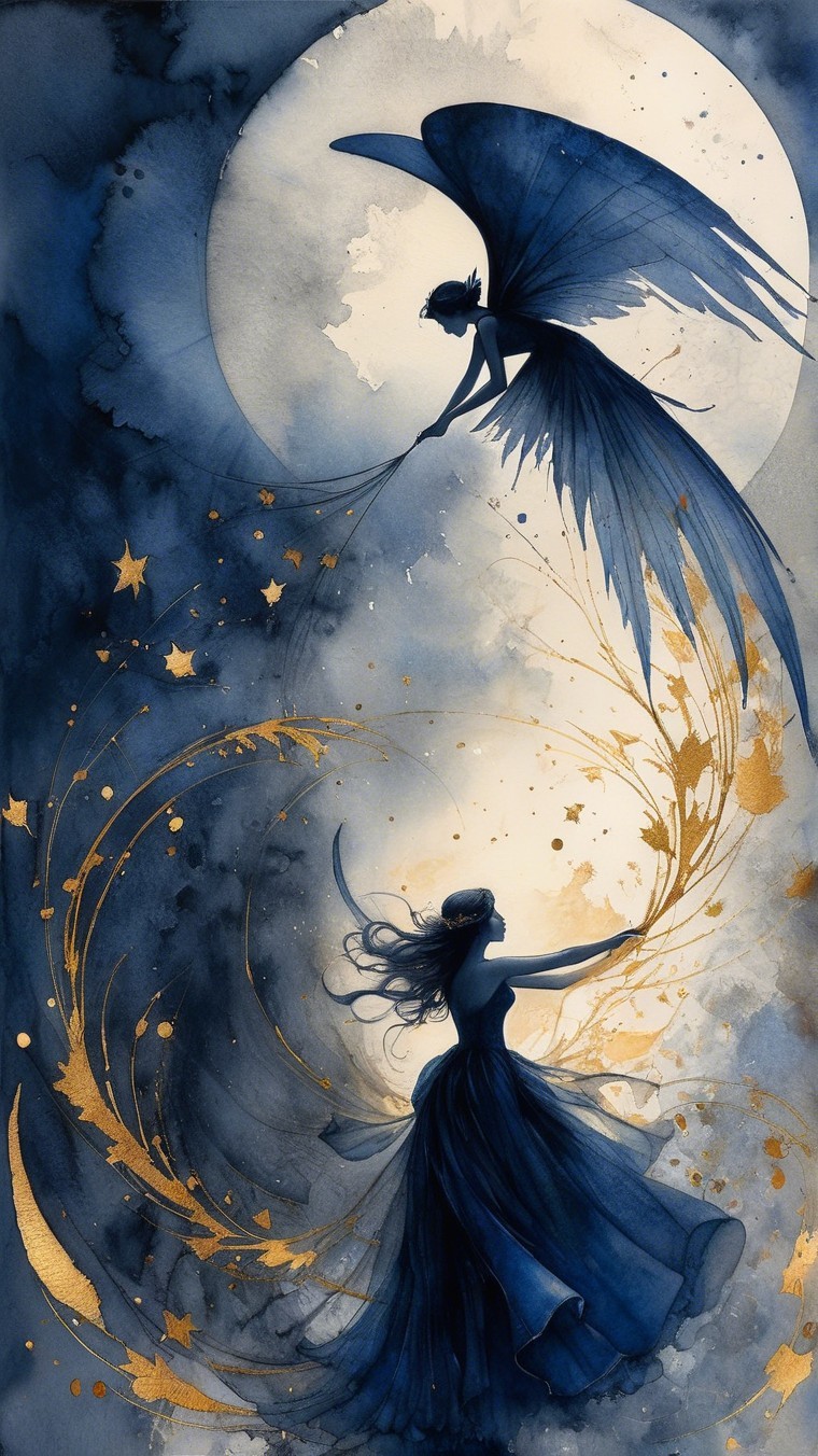 Celestial Watercolor Painting with Fairy and Moon