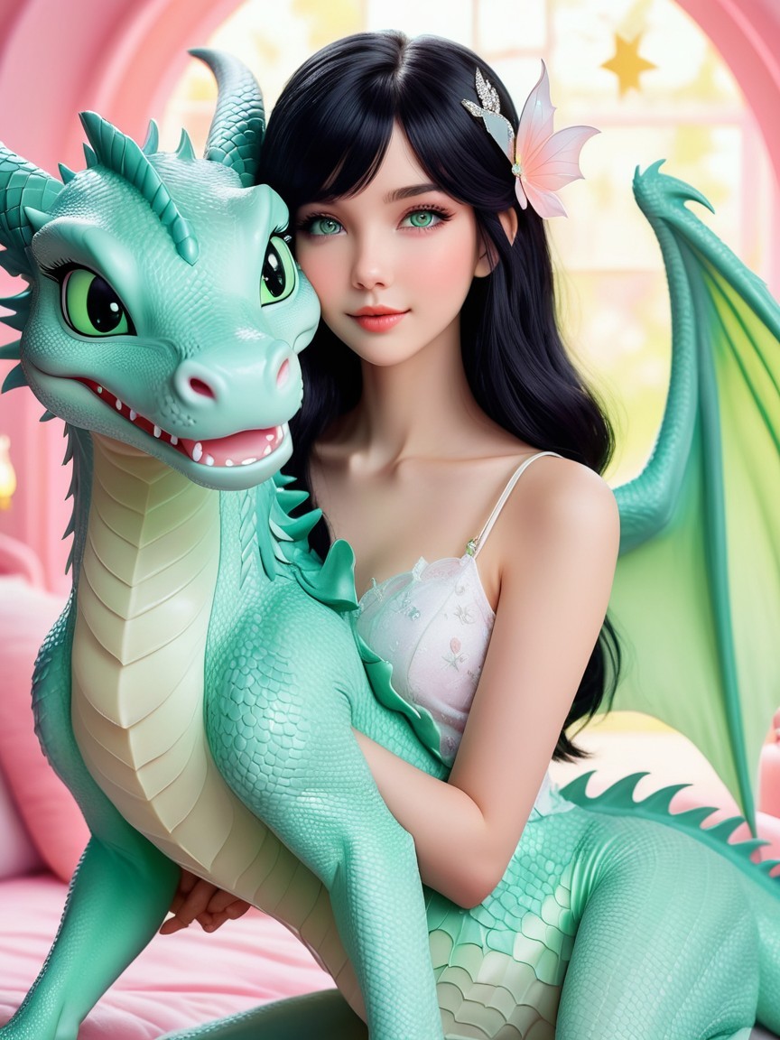 Young woman and mint-green dragon in whimsical setting