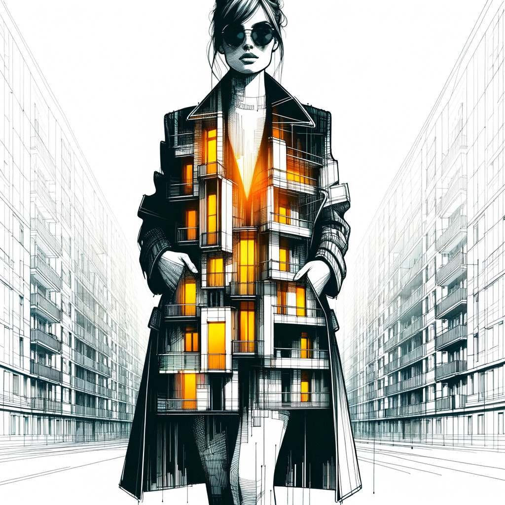 Digital Illustration of Woman in Trenchcoat with Buildings