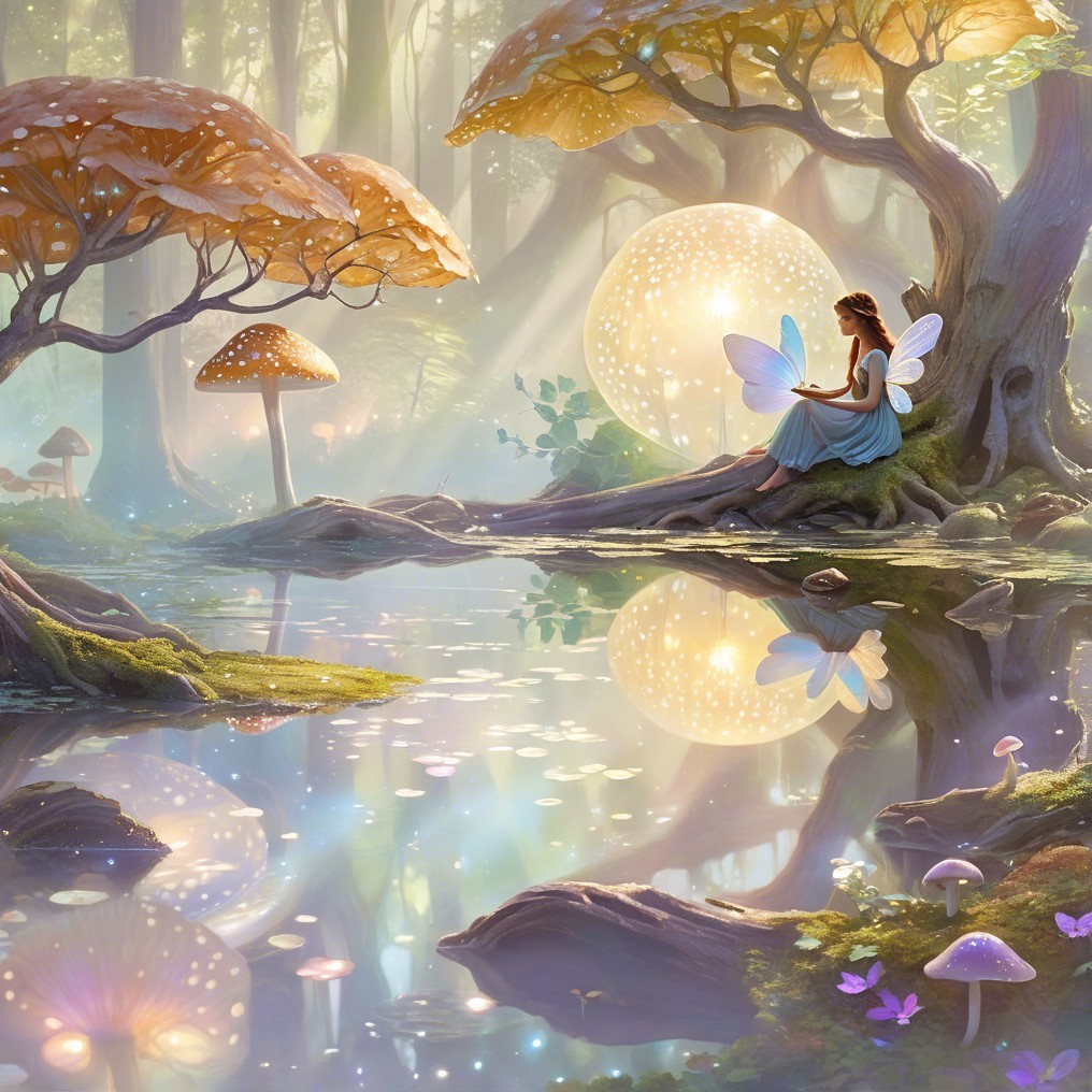 Fairy by a Serene Pond in an Enchanted Forest