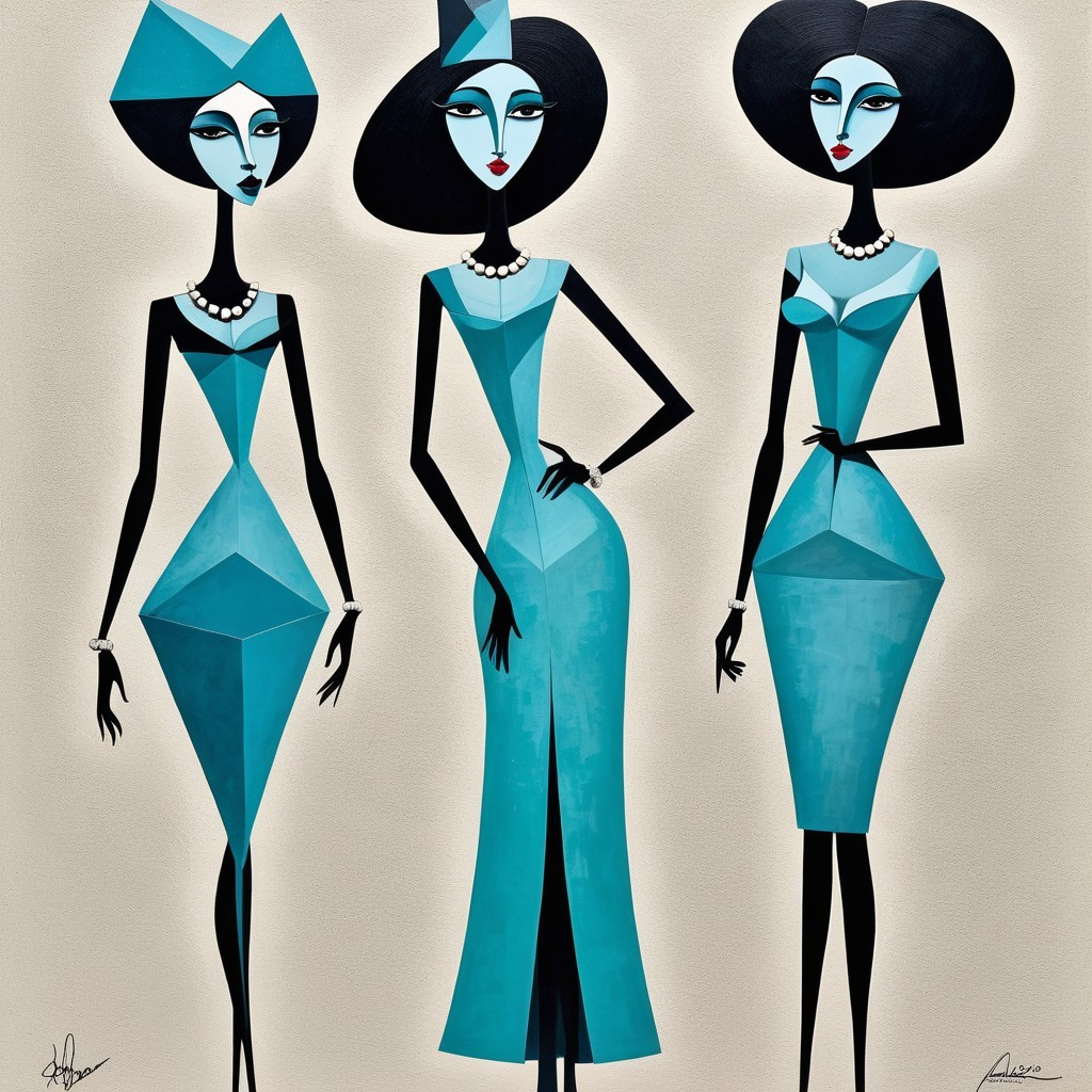 Stylized Female Figures in Teal Outfits and Pearls