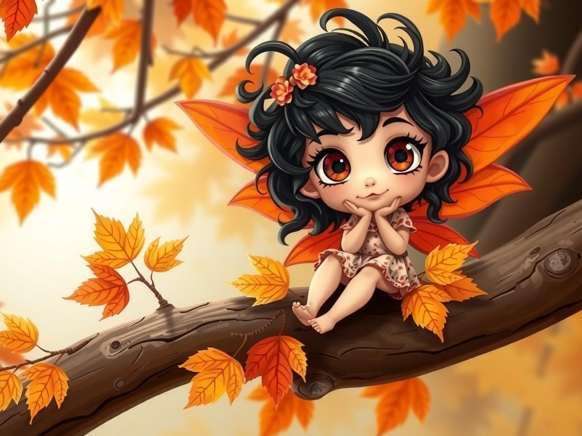 Whimsical Fairy Sitting on Autumn Branch with Leaves