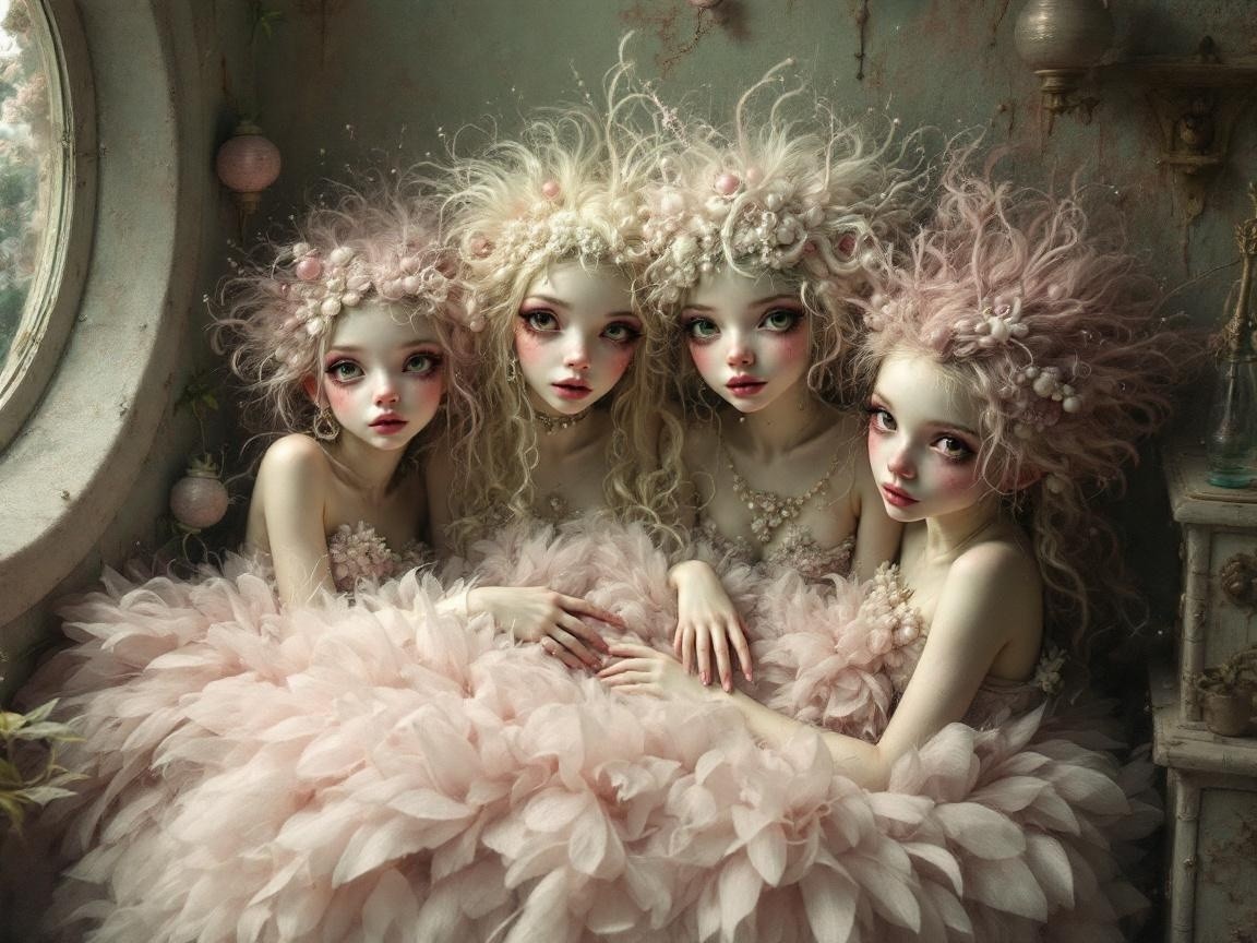 Ethereal Girls in Dreamlike Pink Dresses with Flowers