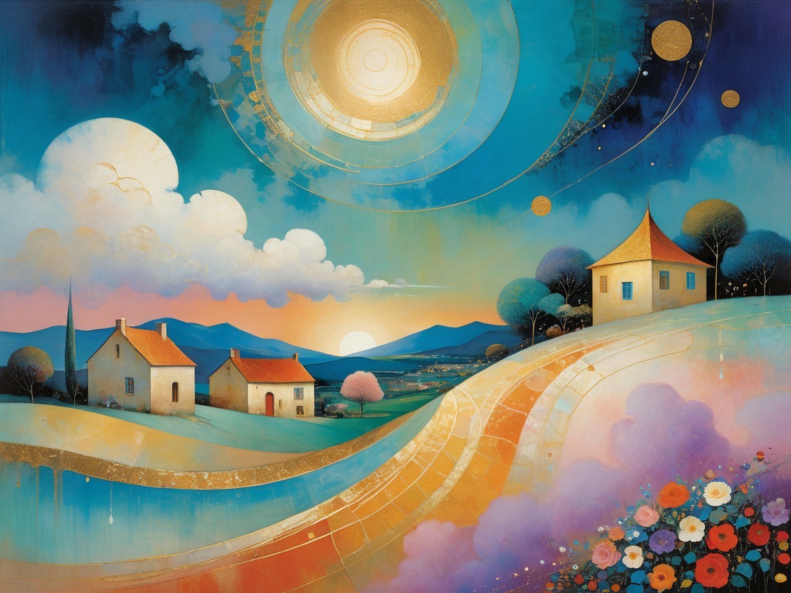 Vibrant Landscape with Rolling Hills and Colorful Sky