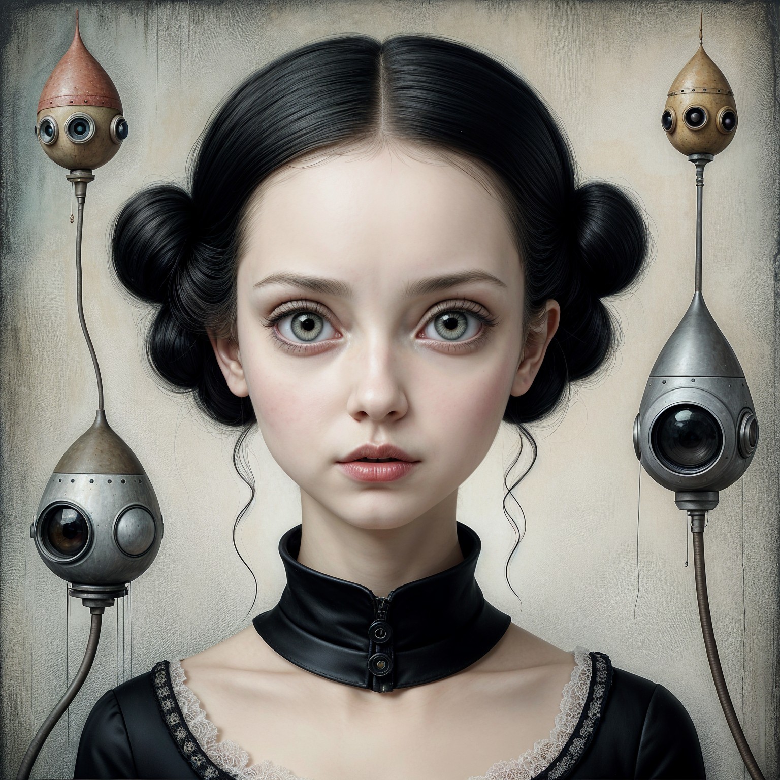 Young girl in Victorian dress with whimsical robots