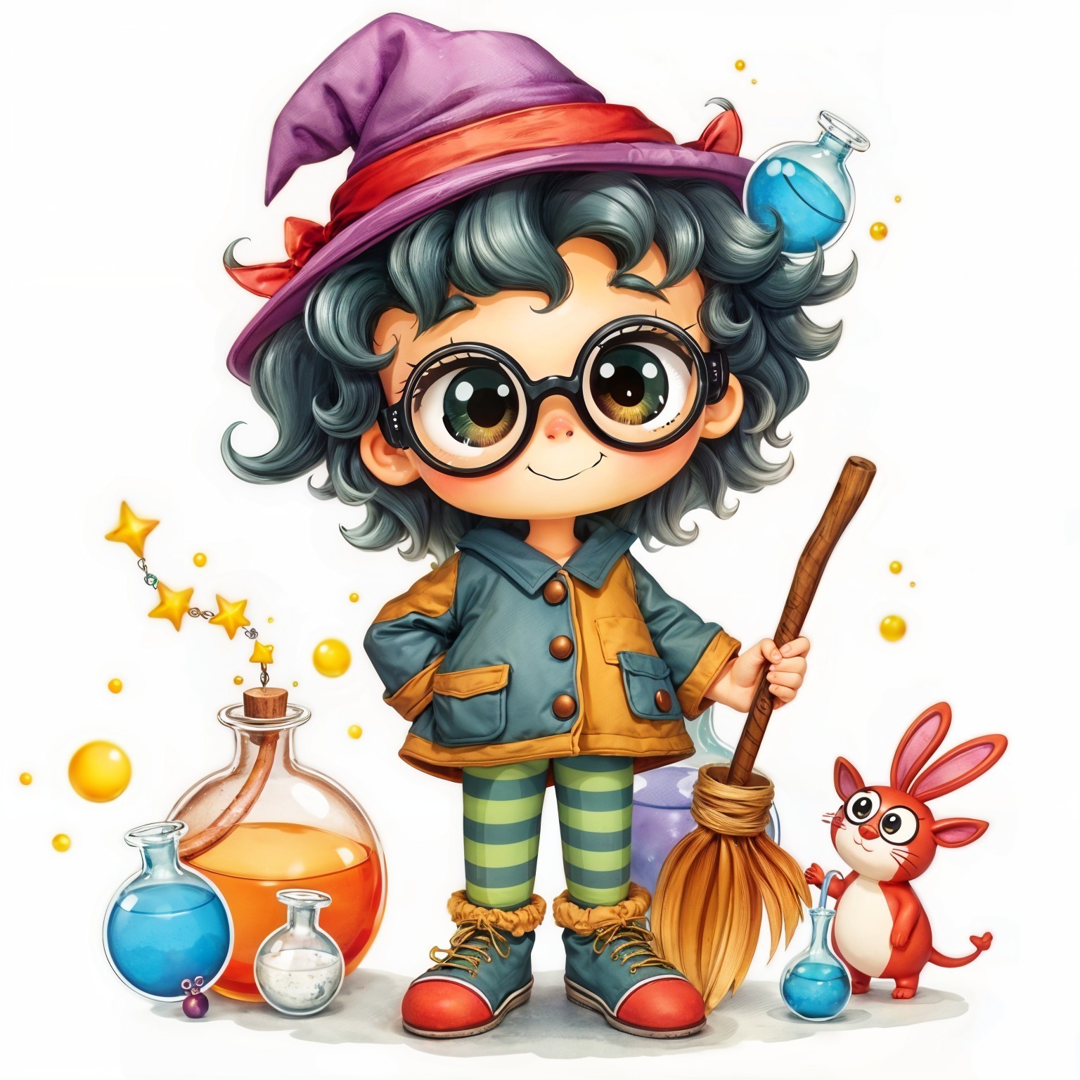 Cheerful young witch with rabbit and colorful potions