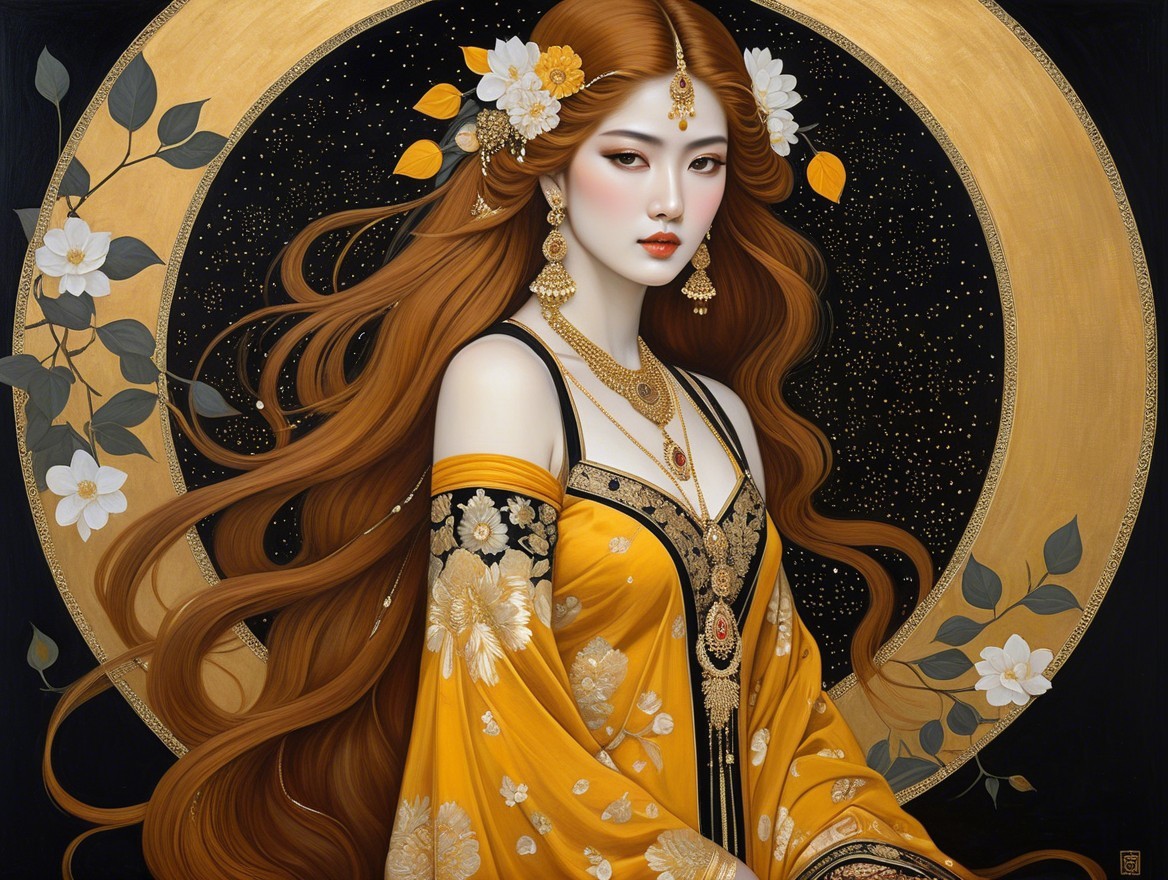 Serene Woman in Floral Gown Against Starry Background