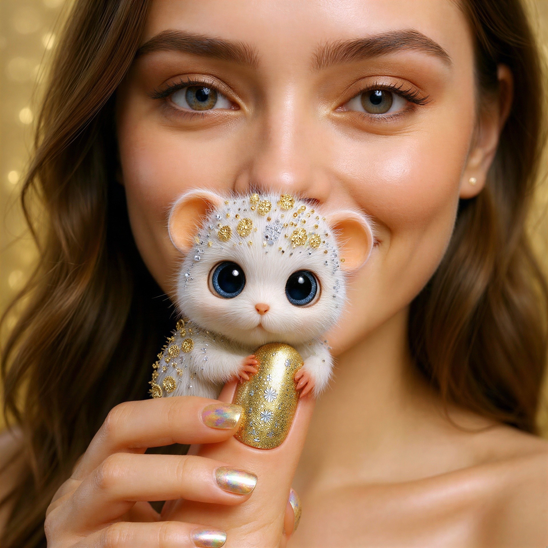 Close-up Portrait of a Young Woman with Fluffy Creature