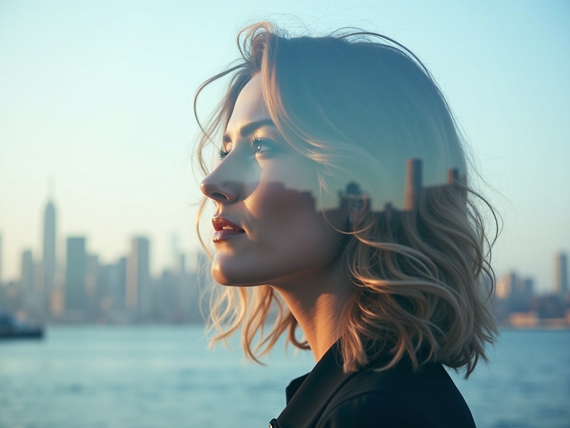 Woman with shoulder-length hair against city skyline